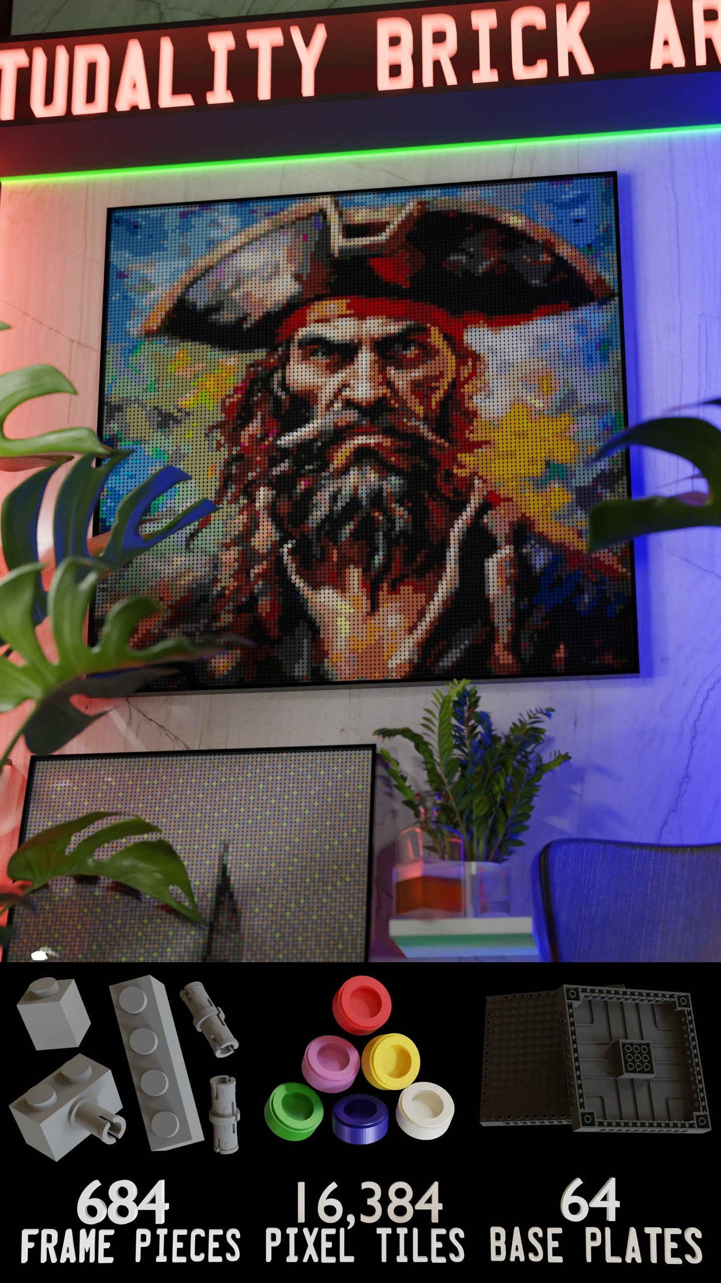 Captain Dreadheart LEGO® Style mosaic wall art made from colorful plastic bricks